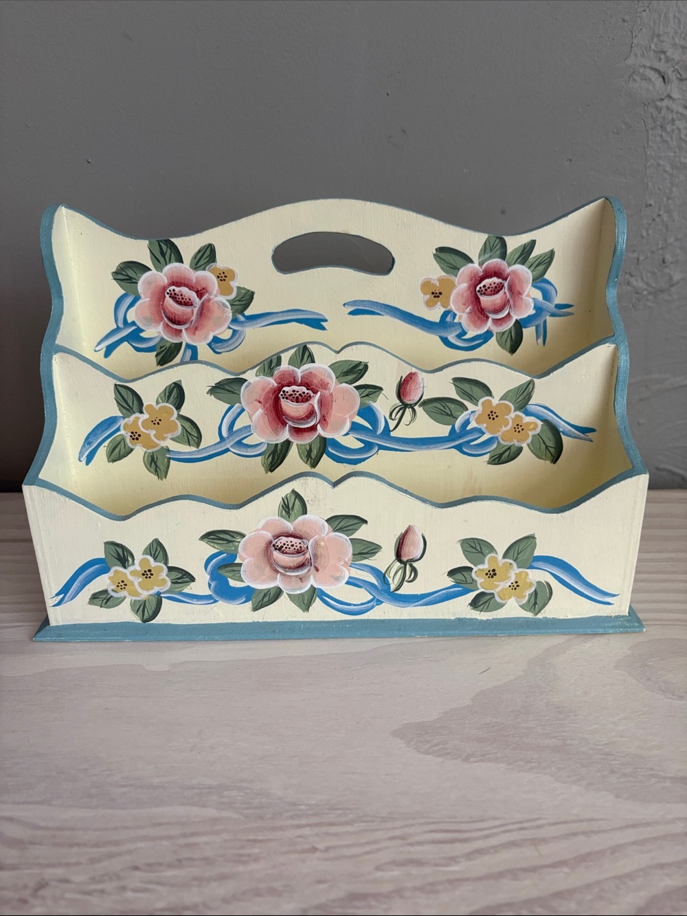 VTG Rosemaling Hand Painted Floral 3-Tier Tabletop Mail Organizer/Desk Caddy